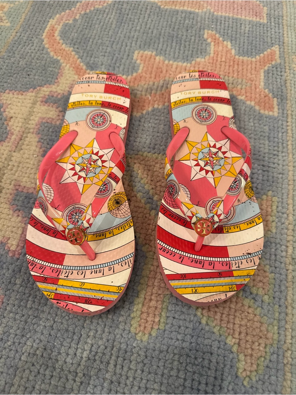 Tory Burch Pink Multi-Print Compass-Design Flip Flops